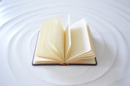Open book on a white background. View from above. Close-up.の素材