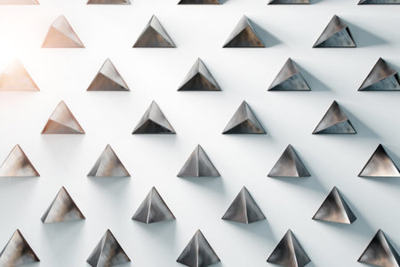 Array of metallic pyramids. Pattern on white background. Showcasing light reflections and shadows. Creating a modern texture.の素材