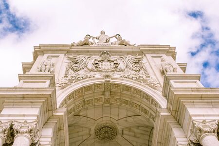 Famous arch at the Praca do Comercio in Lisbon Portugal showing Viriatus, Vasco da Gama, Pombal and Nuno Alvares Pereiraのeditorial素材