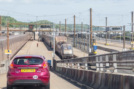Channel tunnel, England -June 4, 2017: Cars about to board the High speed eurostar trains for the Channel Tunnel crossing between France and  England.のeditorial素材