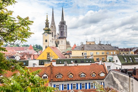 Cityscape Zagreb with cathedral and Saint Mark's church, capital city of Croatiaのeditorial素材