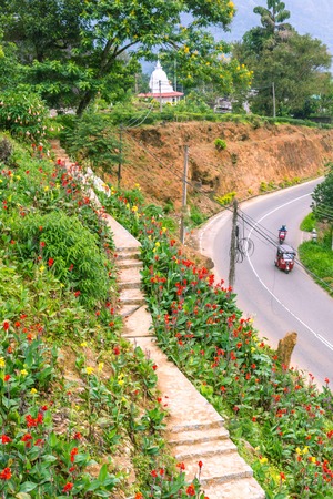 Landscapoe Sri Lanka with a small stupa, a flower garden, a raod and mountainsの写真素材