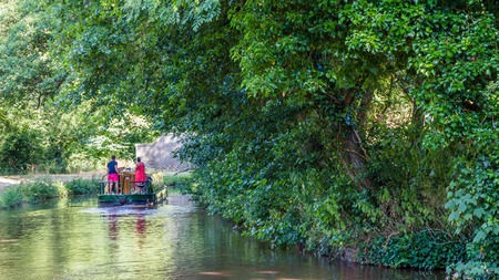 A picturesque journey in a barge on Brecon canal i near Talybont-on Usk n Wales, UK.の写真素材