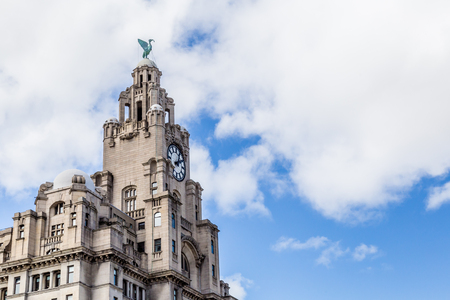 Liverpool, United Kingdom: August 02, 2018: Streetview on the Royal Liver building in LIverpool, UKのeditorial素材