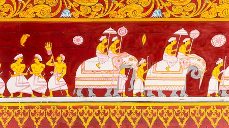Kandy  Sri Lanka July 28 2017 -  Painting at the entrance of the Temple of the Tooth of buddha in Kandy. Is shows the procession of the elephant during the Kandy festival.のeditorial素材