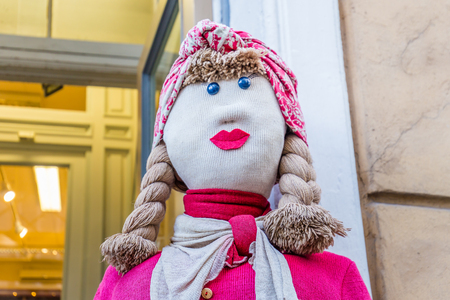 Tallinn, Estonia - September 29, 2018: Knitted puppet at the entrance of a souvernir shop in the old town of Tallinn in Estoniaのeditorial素材