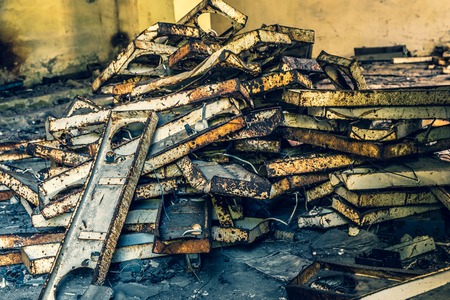 Pile of rusted old steel in an abandoned factory in Belarus Chernobyl exclusion zone,の写真素材
