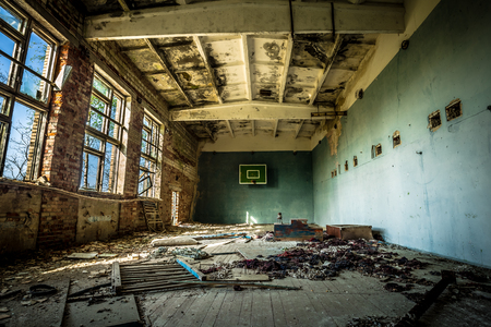 Sports hall in an abandoned school in Belarus Chernobyl exclusion zone, recently opened for the public from april 2019.の写真素材