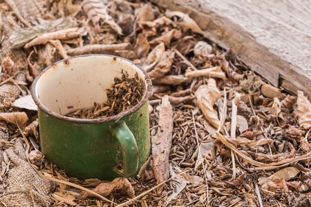 Enamelled metal vintage green mug in  Belarus, Chernobyl exclusion zoneの写真素材