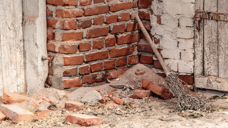 Old wicked witches  broomstick in the corner of a abandoned old farm in Belarus, Chernobyl exclusion zoneの写真素材