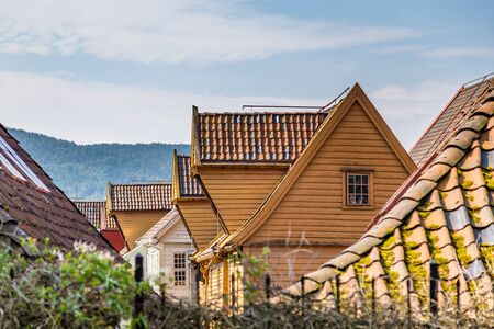 Historical buildings in Bryggen, Hanseatic wharf in Bergen, Norway. UNESCOs World Heritage Siteの写真素材