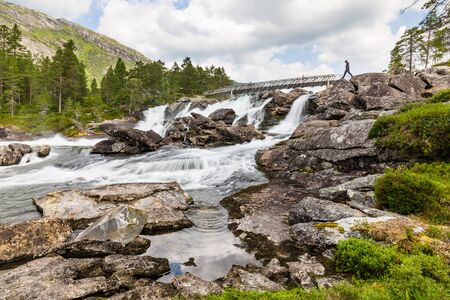 Majestic waterfall Likholefossen along National Scenic route Gaularfjellet in Norwayの写真素材