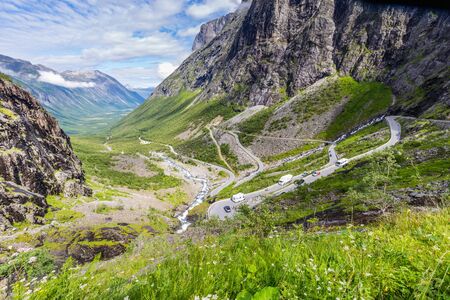 Trollstigen mountain viewpoint and pass along national scenic route Geiranger Trollstigen More og Romsdal county in Norwayの写真素材