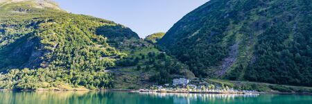 View hairpin bends road Mollsbygda to Gerianger fjord in More og Romsdal county in Norway famous for his beautiful boattrip through the fjord.の写真素材