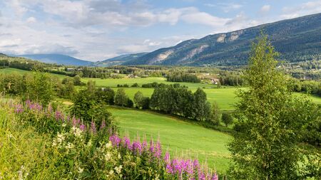 Panorama of Sorr-Fron municipality in Gudbrandsdal with mountains, village and farmland in Oppland county, Norwayの写真素材