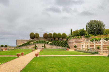 Amboise, France -October 16, 2019: View on the beautiful park and gardens of Chateau dAmboise high above the old center of the city.のeditorial素材