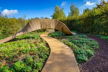 Garden design in autumn colors with a natural walkway made of ropeの写真素材