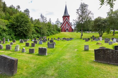 Pictureque wooden Hol church (Hol kirke) in Leknes on the island Vestvagoy in Nordland county, Norwayの写真素材