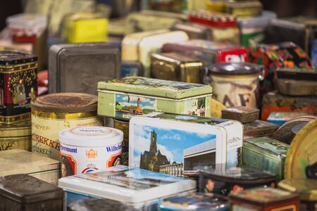 Arnhem, Netherlands, January 2020: Collection of vintage cookie tins with Dutch labelsのeditorial素材