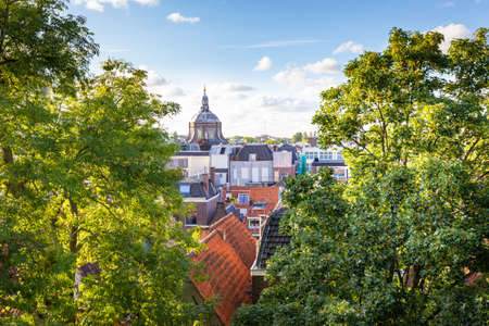Scenic view from the historic fort of Leiden on top of a small hill in Leiden in the Netherlands, Europeの写真素材