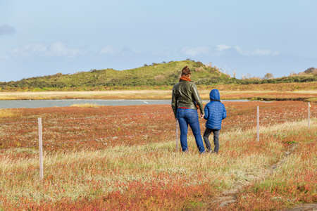 Family crossing Nature reserve De Slufter on the Waddenisland Texel, North Holland, Netherlandsの写真素材