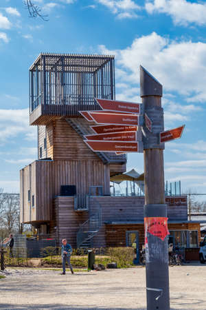 Appelscha, The Netherlands - April 18, 2021: Wooden watchtower in the center of Appelscha in Drenthe The Netherlandsのeditorial素材