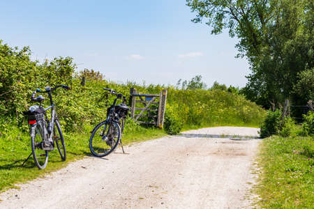 Cycling at island and nature reserve Tiengemeten Hoeksche Waard n South Holland in The neteherlandsの写真素材