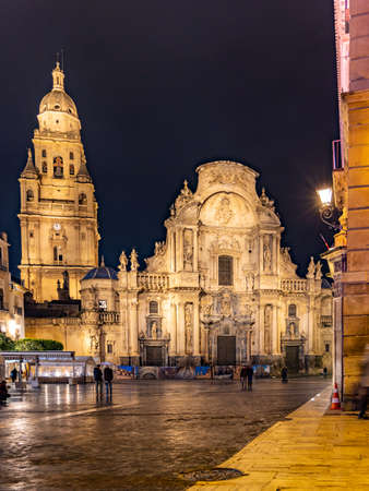 Murcia, Spain - March 30, 2022: Cathedral of Saint Mary in light during the evening in center of Murcia in Spainのeditorial素材