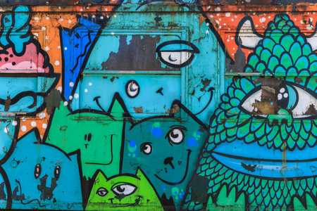 Genk, Belgium - April 16, 2022: Colorful graffiti at wagons Station Asch entrance National Park Hoge Kempen in Genk Belgiiumのeditorial素材