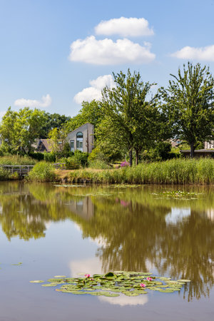 Modern green neighbourhood Nienoordsrand with park in Leek municipality Westerkwartier in Groningen province the Netherlandsの写真素材