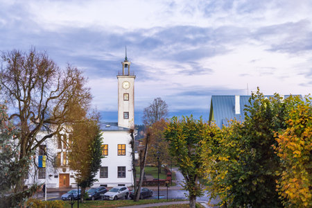 White town hall with tower and clock of village Viljandi in Estoniaの写真素材