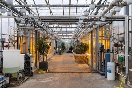 Aarhus, Denmark - November 16, 2022: Green house overview with plants, lights and all kinds of equipment and fluidsのeditorial素材