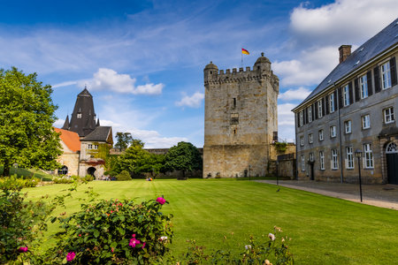 Bad Bentheim, Germany - August 25, 2021: Courtyard and buildings Bentheim Castle in Nordrhine Westfalen in Germany, Largest hilltop castle in northwestern Germany,のeditorial素材