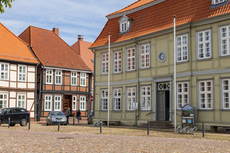 Domtiz, Germany - August 2, 2022: Cityscape Domitz in Mecklenburg-Vorpommern Germany well know for the Elbe bridge destroyed to prefent Russians to pass the Elbe river during WOIIのeditorial素材