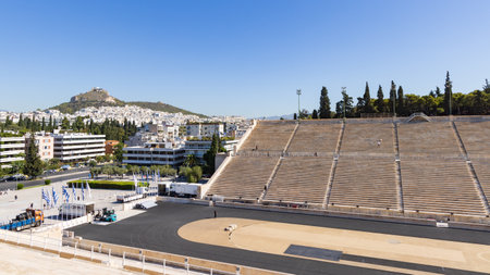 Athens, Greece - September 25, 2021: View from the top of the Panathenaic Stadium or Kallimarmaro in Athens Greece with view on Lycabettus Hillのeditorial素材