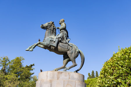 Athens, Greece - September 25, 2021: The equestrian statue of generaL George Karaiskakis in the garden of Zappeion Megaron.のeditorial素材