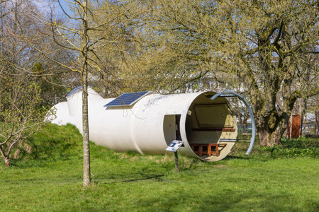 Haren, The Netherlands - April 5, 2023: Tiny sleeping house in Hortus Botanicus in Haren Municipality Groningen in Groningen province he Netherlandsのeditorial素材