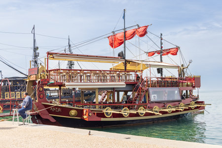 Thessaloniki, Greece - April 29, 2023: Pirate ship restaurant and cruise at waterfront of Aegean Sea in Thessaloniki in Central Macedonia in Greeceのeditorial素材