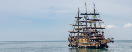 Thessaloniki, Greece - April 29, 2023: Pirate ship restaurant and cruise at waterfront of Aegean Sea in Thessaloniki in Central Macedonia in Greeceのeditorial素材
