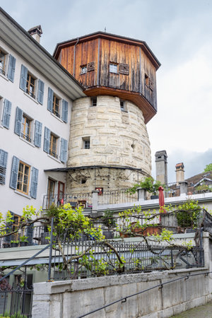 Burgdorf, Switzerland - May 16, 2023: Big tower in city center of village Burgdorf, canton Bern in Switzerland during clouded dayのeditorial素材