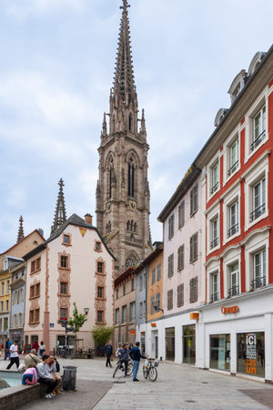 Mulhouse, France - May, 20, 2023: Cityscape of Mulhouse Saint-Etienne cathedral department Haut-Rhin...