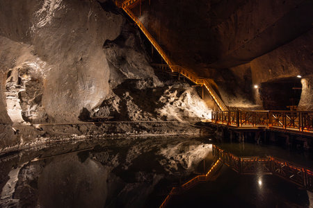 Wieliczka , Poland - July 19, 2023: Underground lake and wooden visitor bridge Wieliczka Salt mine near Cracow in Polandのeditorial素材