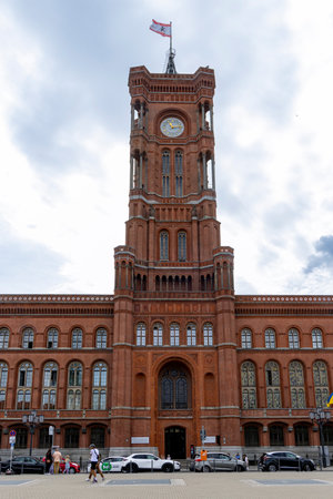 Berlin, Germany - July 24, 2023: Red town hall called Rotes Rathaus of Berlin located in the Mitte destrict in Germany Europe.のeditorial素材