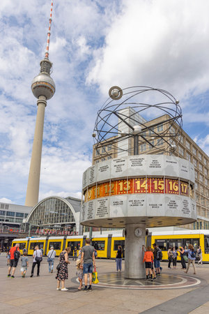 Berlin, Germany - July 24, 2023: Alexander Platz with Urania World Clock and TV tower and in Berlin in Germany Europe.のeditorial素材