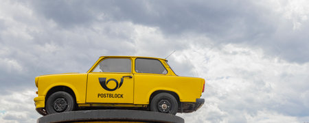 Berlin, Germany - July 24, 2023: Classic Trabant car at museum Trabiworld in Berlin in Germany Europe.のeditorial素材