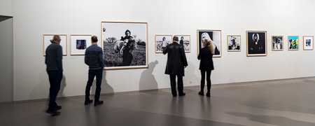 Amstelveen, The Netherlands - Januari 21, 2024: Visitors looking at portraits of famous Dutch photographer Anton Corbijn in The Cobra Museum of modern art in Amstelveen, The Netherlands.のeditorial素材