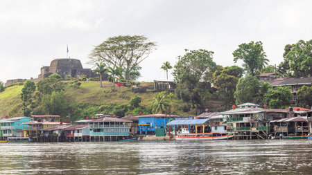 El Castillo , Nicaragua - March 11, 2024: Scenic view of colorful houses and castle of El Castillo village along the San Juan river in Nicaraguaのeditorial素材