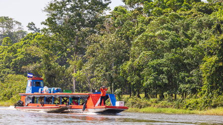 El Castillo , Nicaragua - March 11, 2024: Transport by boat along the San Juan river and Biosphere...