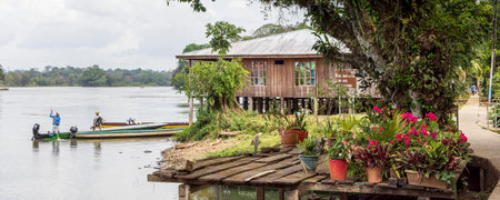 El Castillo , Nicaragua - March 11, 2024: Scenic view ofEl Castillo village along the San Juan river in Nicaraguaのeditorial素材