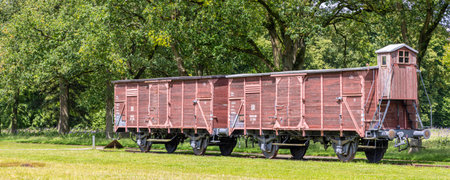Westerbork, The Netherlands - June 15, 2024: Wagon train to transport Jews to Auschwitz Birkenau at national monument World War Two museum Camp Westerbork in Drenthe Province in The netherlands.のeditorial素材
